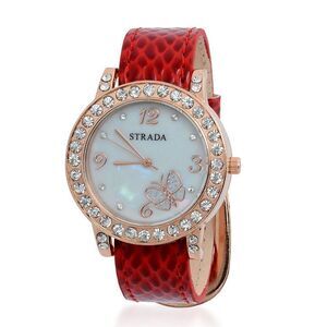 STRADA Watch Austrian Crystal Red Faux Leather Ban